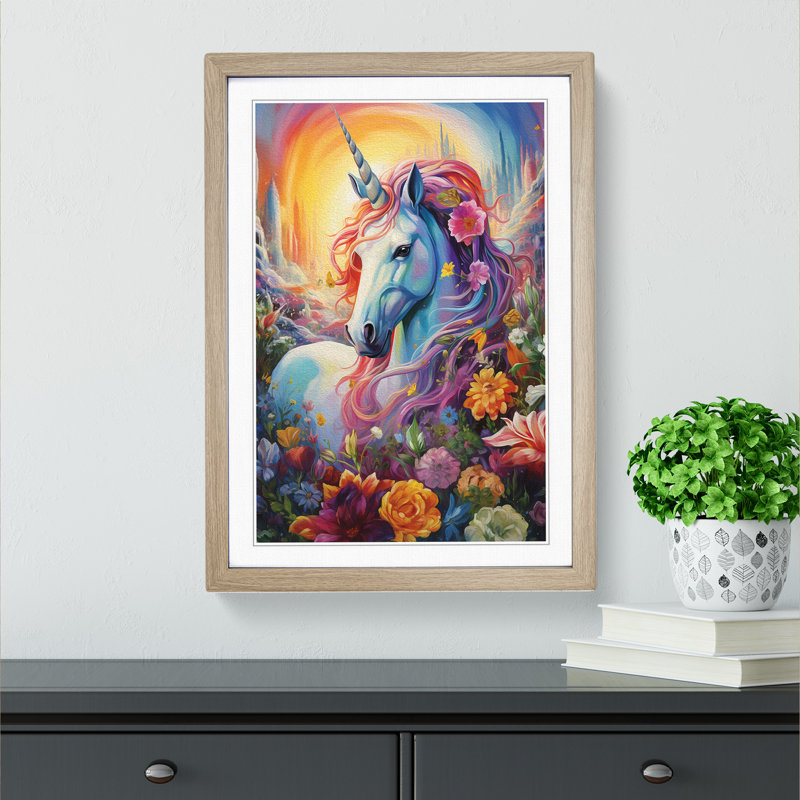 Unicorn Colour Field - Single Picture Frame Print on Wood, Oak Framed, 64cm H x 46cm W
