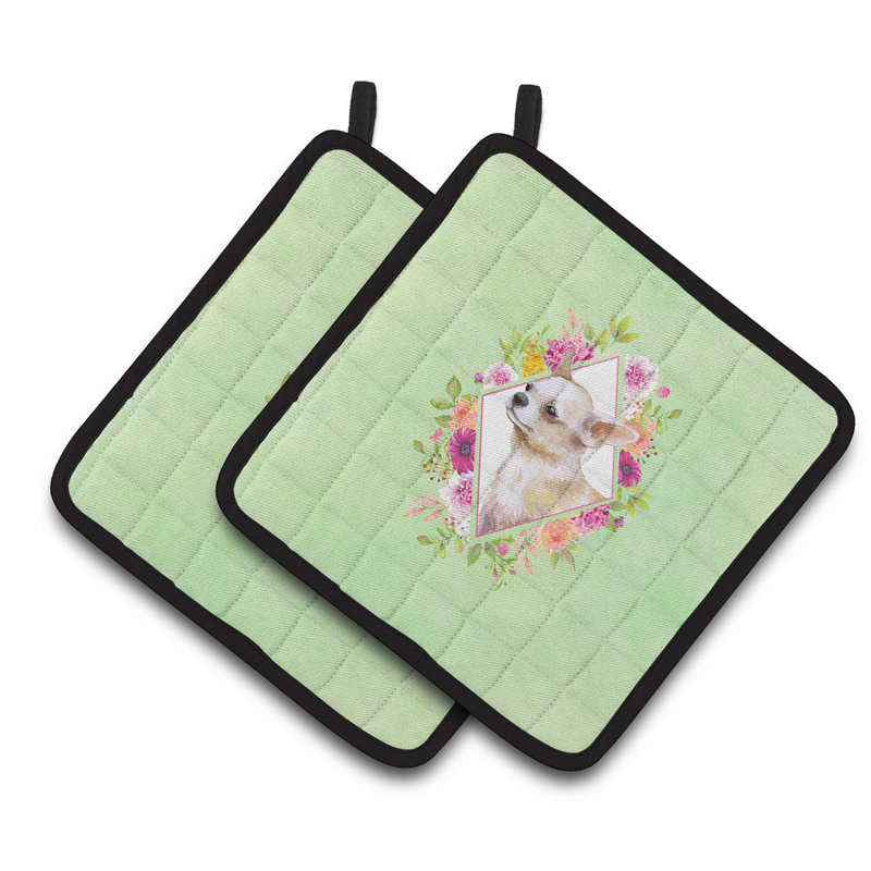 Ensemble de cuisinier poignée 2 pièces caroline trésors sheltie, Vert, Chihuahua blanc