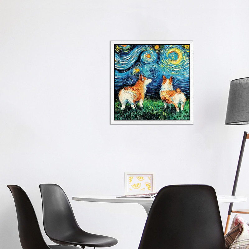 Corgi Night by Aja Trier - Painting on Canvas, 45.72 cm H x 45.72 cm W, White Floater Framed