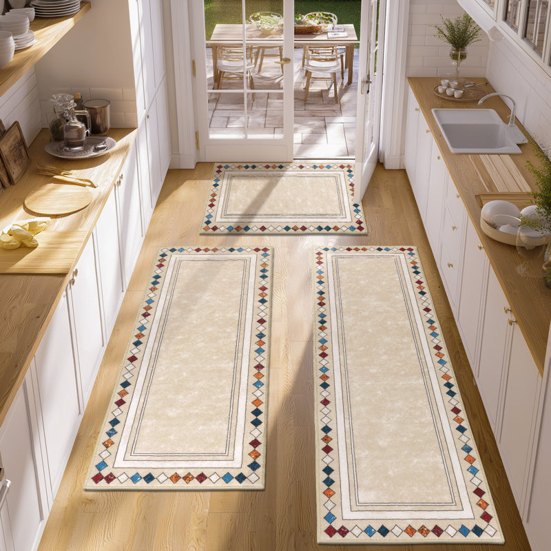 Elegant Nylon-Look Kitchen Mat Runner (Set of 3), Beige