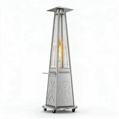 42,000 BTU Propane Patio Heater, Pyramid Outdoor Heater with Quartz Glass Tube Flame, Stainless Steel Tower with Wheels & Side Table, Variable Heat for Deck, Backyard, Garden, Commercial