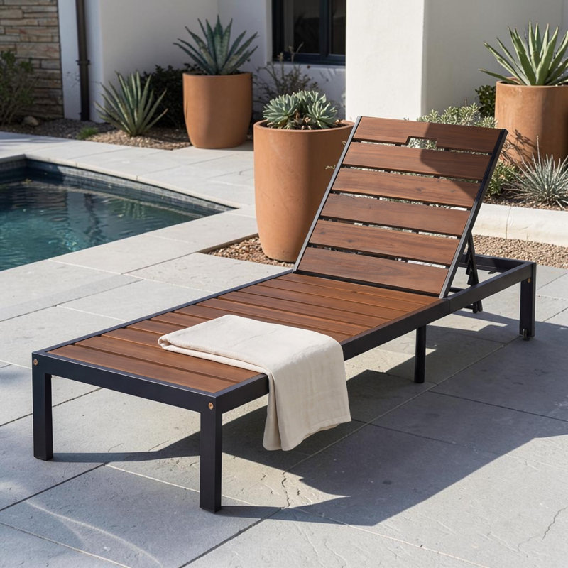 Acacia Wood & Metal Outdoor Reclining Chaise Lounge Chair With Wheels, Black/Brown