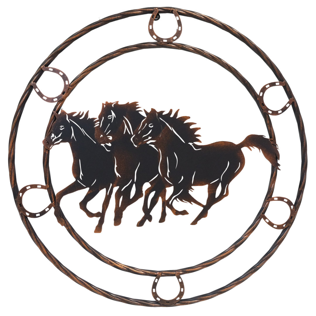 Metal Brown Western Horses with Horseshoe Welcome Circle Sign Hanging Wall Décor Union Rustic