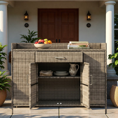 Outdoor Weather-proof Rattan Storage Cabinet With Tempered Glass Desktop, Large Drawer And Adjustable Shelves