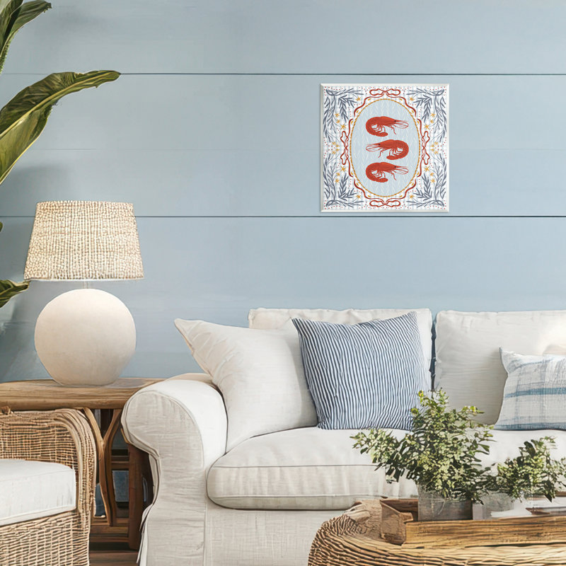 «Prawn Trio» sur plaque murale en vichy bleu, design par Vero Illustrates