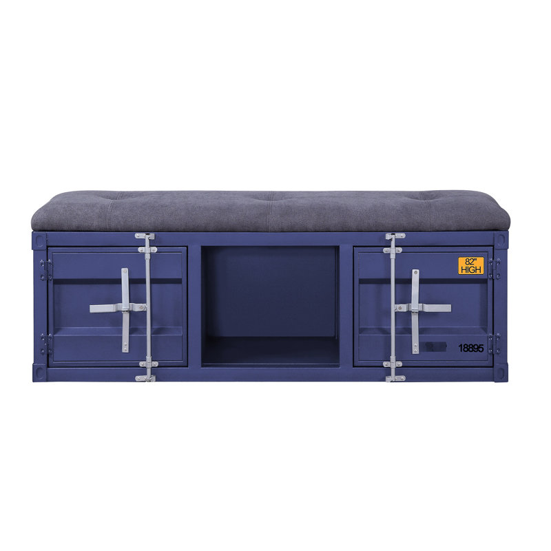 Banc de rangement de style industriel gris et bleu avec amplement d'espace pour la fabrication d'articles de chambre à coucher