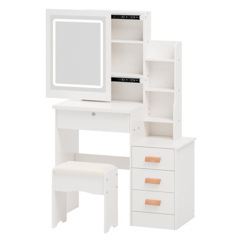 Bureau de maquillage avec miroir lumineux à DEL, coiffeuse à 4 tiroirs et tablettes ouvertes, coiffeuse de chambre à coucher