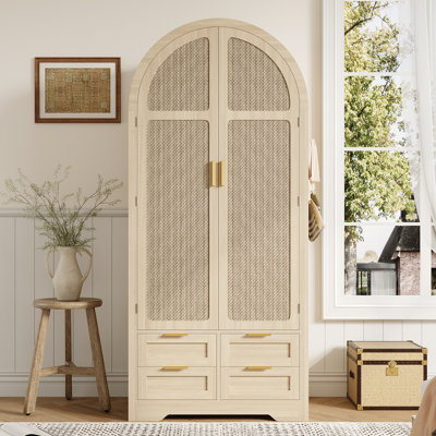 Curved Door Wardrobe with Rattan Panels, Hanging Rail, Shelves & Drawers