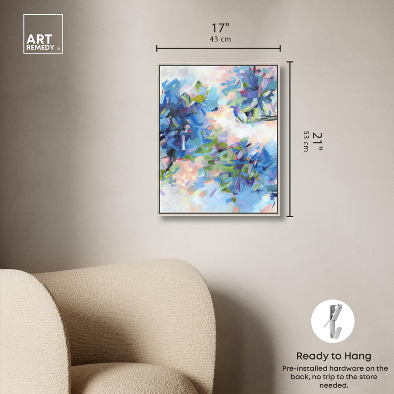 "Blue Botanicals", art floral occidental par , H 21 po x l 17 po, Encadrement argenté