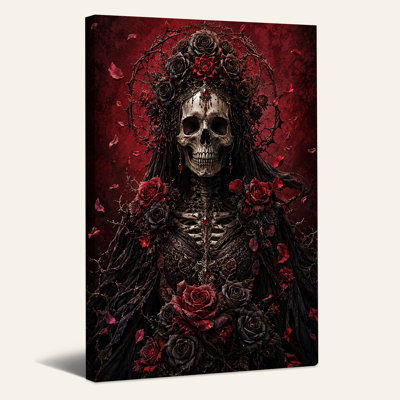Art mural sur toile gothique avec reine squelette et roses rouges