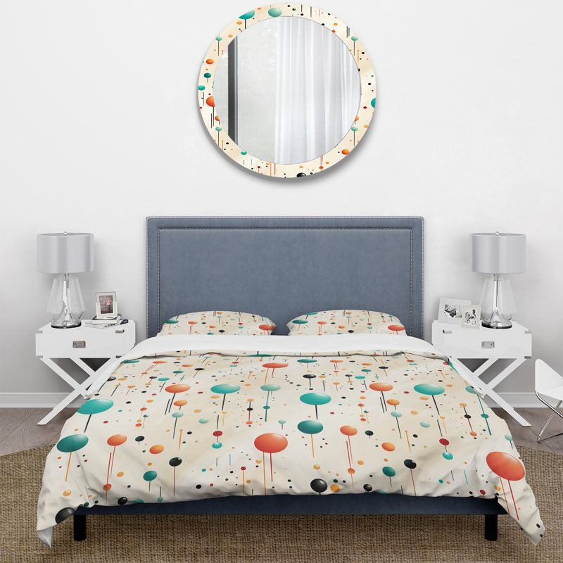 Ensemble de housse de couette à pois bleu et orange Mid-Century, Housse de couette pour grand lit et 2 taies décor