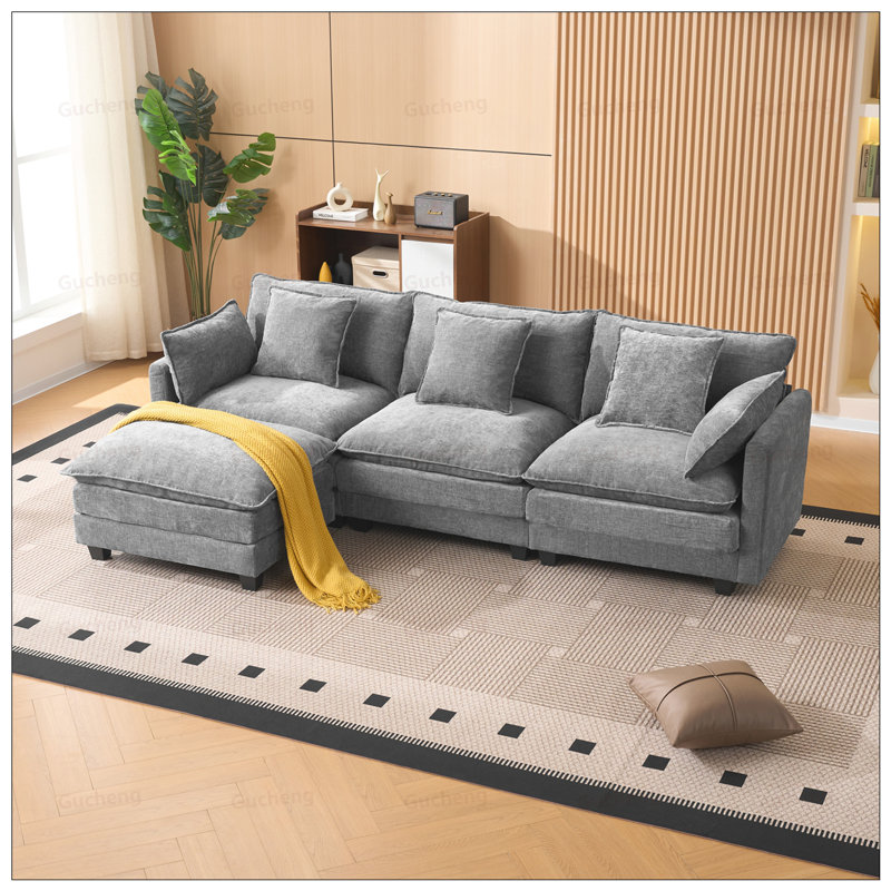 3-Seat Combo Sofa With Storage Ottoman For Living Room, Apartment, And Compact Spaces, L-Shaped Sectional Couch With Footrest