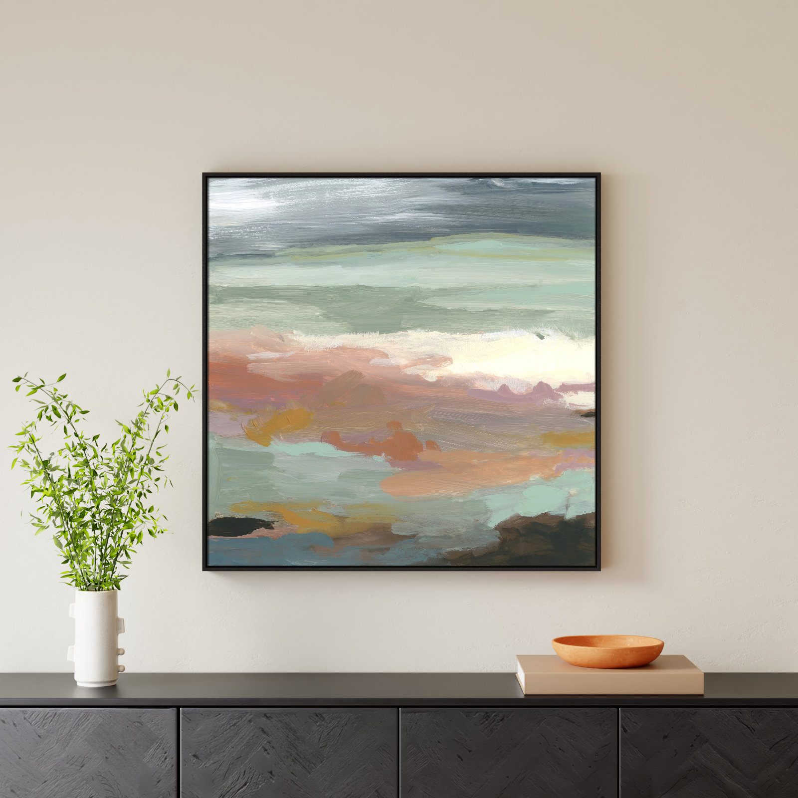 Bingham "Ocean Bluffs" Painting by Carol Robinson, Picture Framed Canvas, 37.5" H x 37.5" W, Black