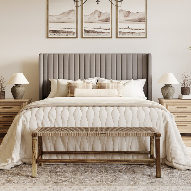 Candler Velvet Upholstered Platform Bed with Wingback Headboard and Wooden Slats, Full, Taupe