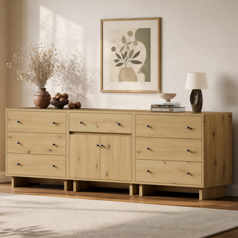 Ensemble de rangement modulaire 3 pièces avec 7 tiroirs, 2 portes, une étagère réglable et une finition imitation bois, chêne naturel