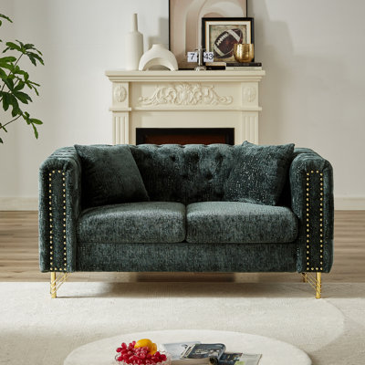 Living Room 60-Inch Chenille Aggregation, Pull Buckle Style, Buttons & Copper Nail Trimmed Armrest, Modern Upholstered Couch With Metal Legs For Lounge, 2 Seat Button Tufting And Ornament,