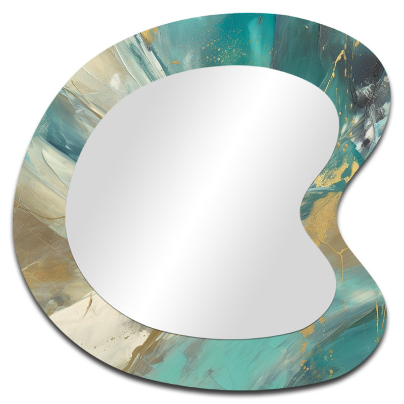 Golden Hour In Turquoise Waves III - Miroir mural moderne abstrait aux formes asymétriques, 27 po x 27 po