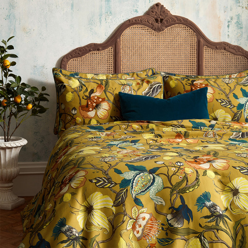 Cotton Floral Duvet Cover Set with Pillowcases Included, Yellow/Green, Super King - 2 Standard Pillowcases