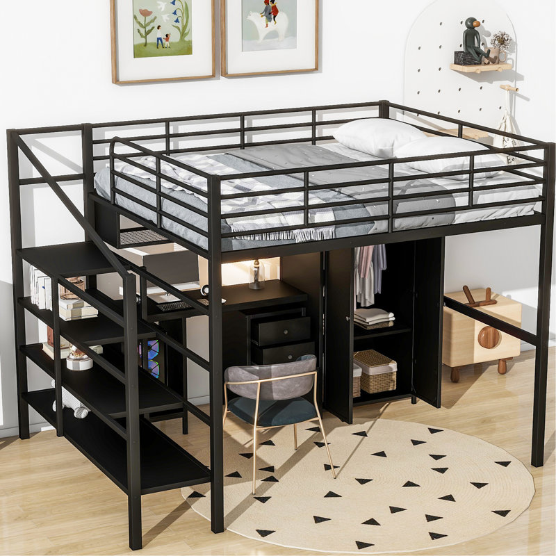 Lit mezzanine en métal avec table et garde-robe, double, noir - Design contemporain, construction robuste, solutions de rangement généreuses, structure de base moderne à assemblage simple, zones abondantes, simplicité