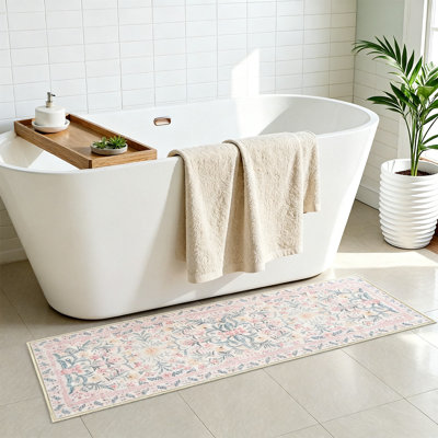 Pink Floral Bathroom Runner Rug, Non-Slip Washable Thin Boho Mat For Tub, Sink And Shower, 1 Piece (Blush Pink)