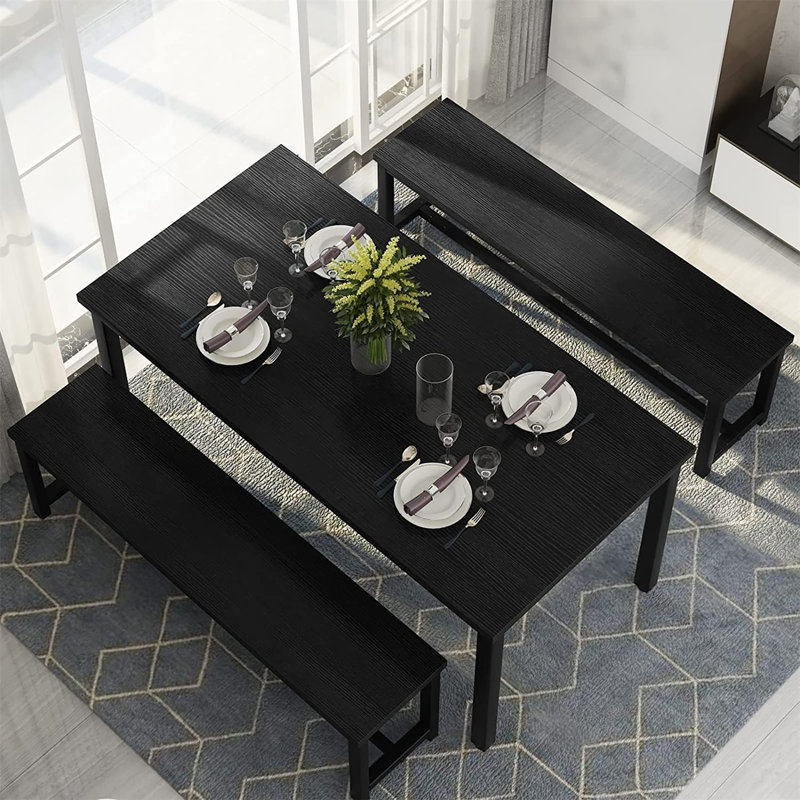 Farmhouse Space-Saving Dining Set with 2 Benches for 4-6, Black