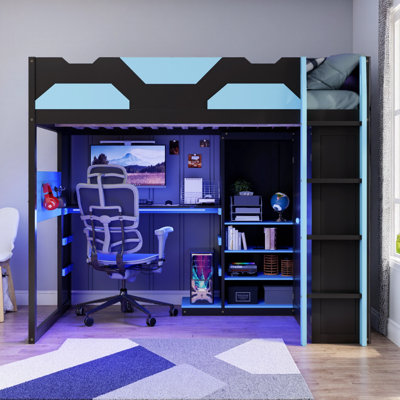 Lit mezzanine double compact avec bureau d'étude réglable, charge USB et éclairage DEL intelligent pour les chambres d'enfants organisées