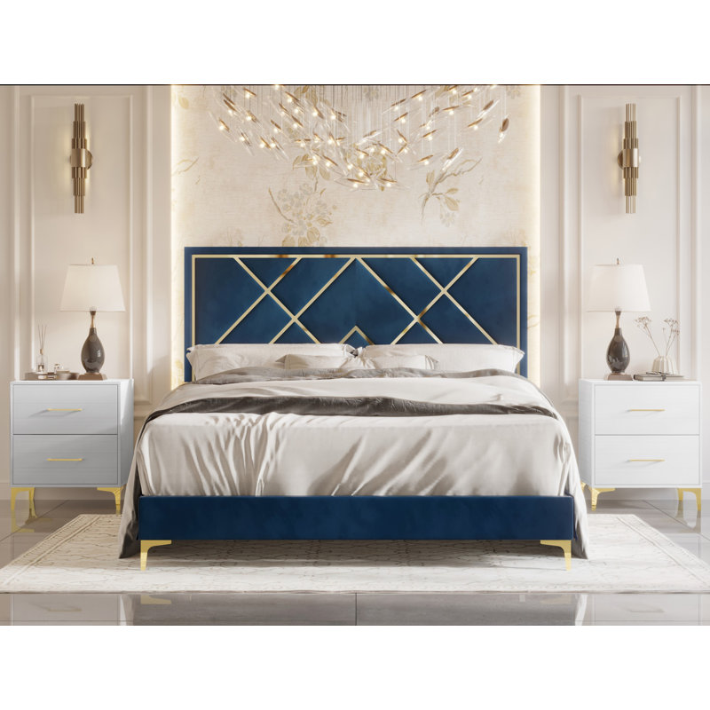 Lausyn Upholstered Standard 3 Piece Bedroom Set, Queen, Navy Blue