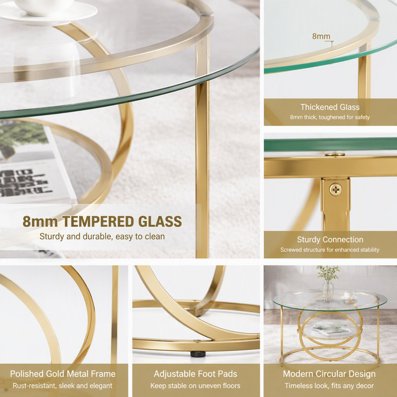 Table basse ronde en verre de 80 cm avec cadre métallique circulaire, Gold&Clear