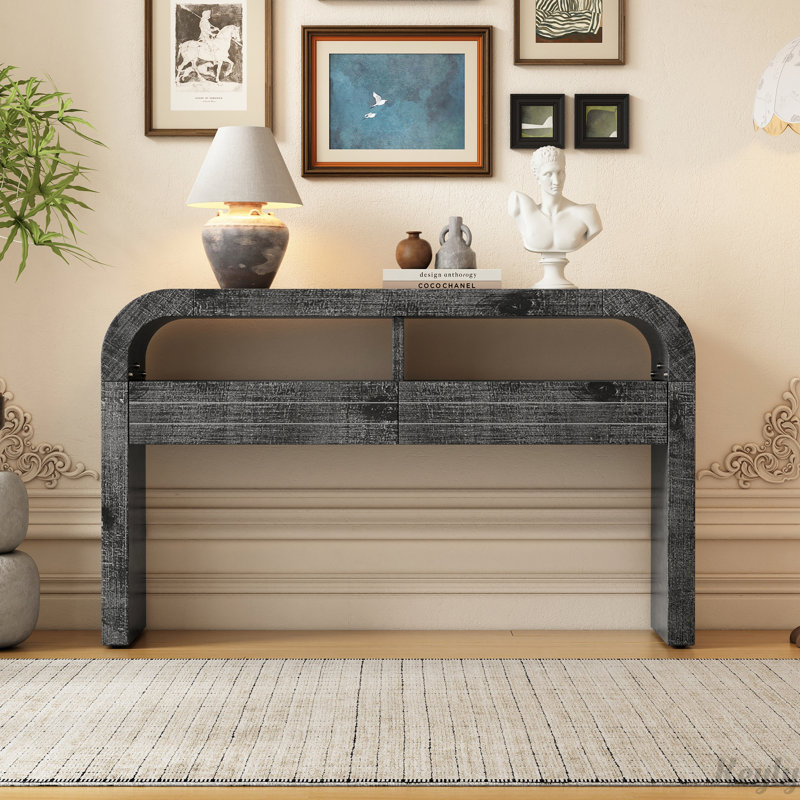 Retro Curved Sofa Table Console Table Entryway Table with 2 Large Drawers, Antique Black