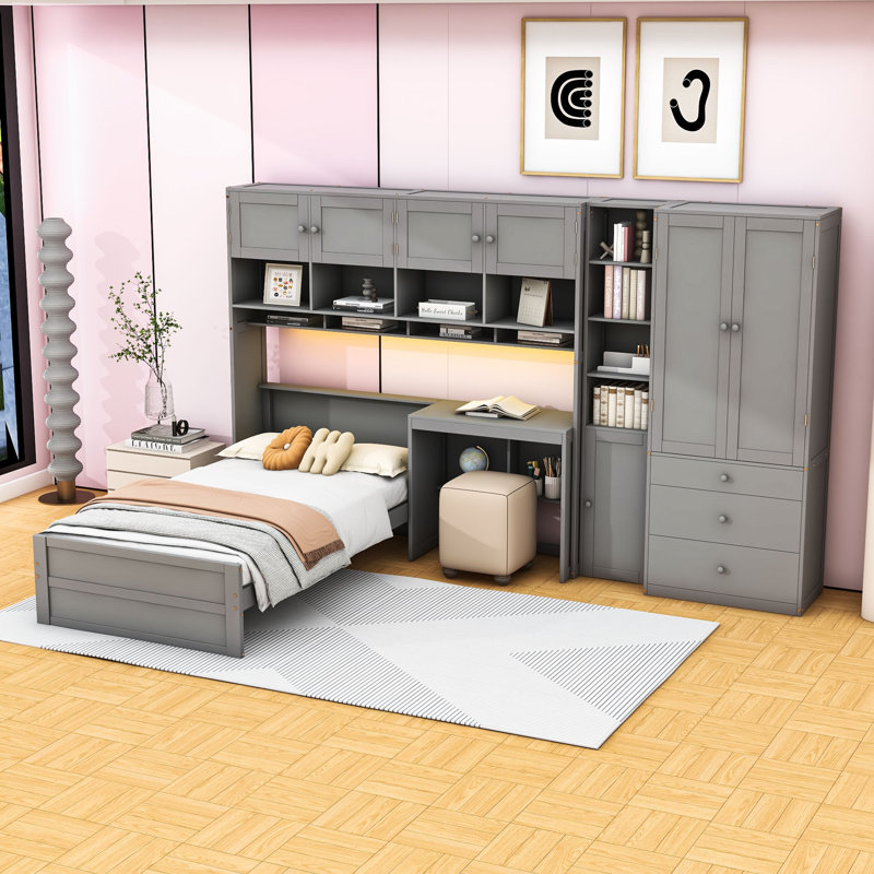 Lit plateforme simple avec bureau intégré et éclairage à DEL, Gris