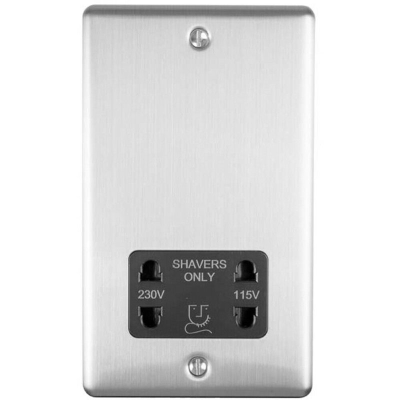 230v & 115v Shaver Twin Socket Wall Plate  Grey Trim 86mm x 146mm, Satin, Silver/Black