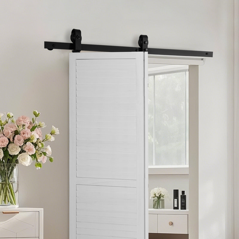 Ensemble de rails de porte de grange coulissante bi-pliante pour deux portes, Ventilateur de plafond en nickel satiné de 52