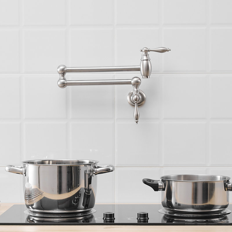 Wall Mounted Pot Filler Faucet, Brass Kitchen Faucet With Double Joint Swing Arms, Matte Black, Classic Style, Safe And Leak - , Ceramic Valves, Smooth Operation Nickel Finish, Stretchable 360