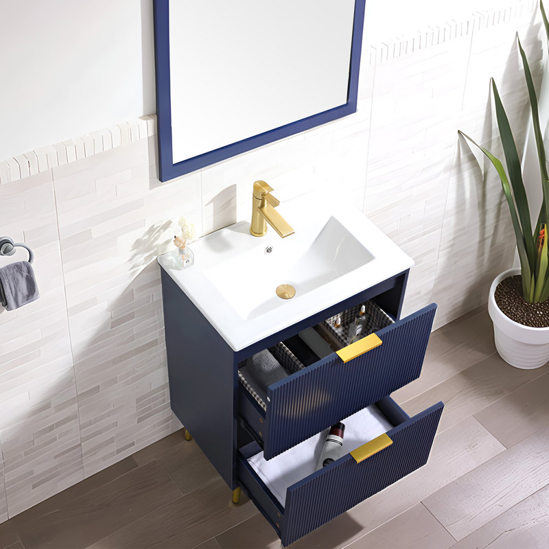 24" Modern Free-Standing Single Bathroom Vanity With Ceramic Top, Blue