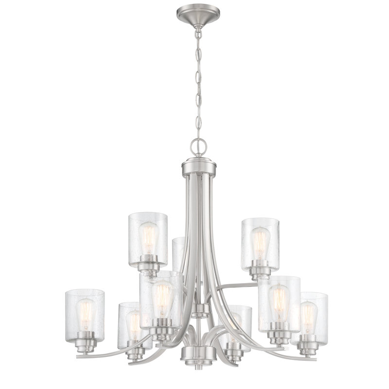 Lustre à niveaux 9 lumières statement Omur, Nickel poli brossé, Martelée transparente