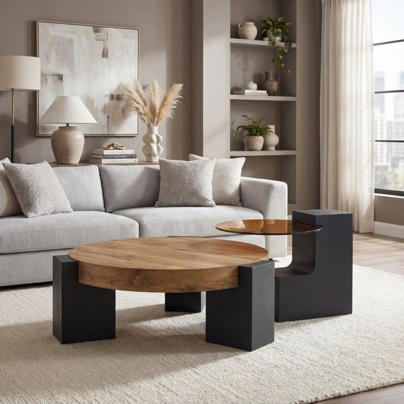 Table basse à double couche ronde avec plateau en verre brun transparent, conception moderne avec pieds en MDF noir en L et rangement flexible amovible