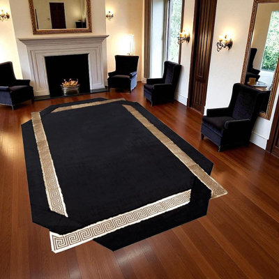 Black Gold Greek Border Plush Rug, Custom Size Soft Fluffy Carpet_8.83X12ft
