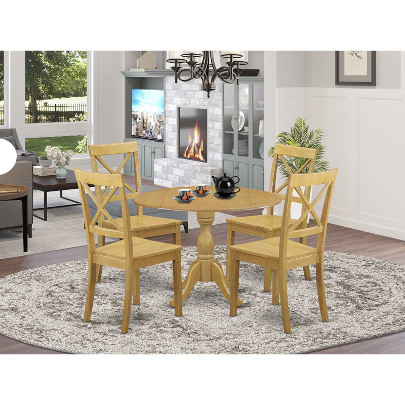  5 Piece Kitchen Table & Chairs Set Includes a Round Dining Table with Dropleaf and 4 Dining Room Chairs, 42x42 Inch, Oak