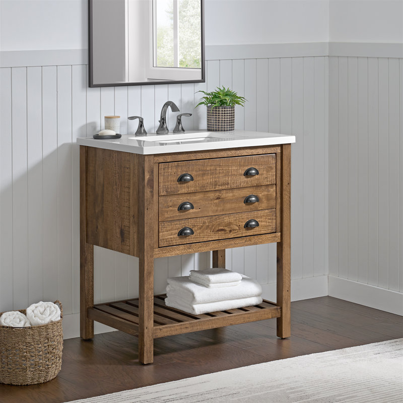 Grigg Free-Standing Single Vanity with Cultured Marble Top, Natural Brown