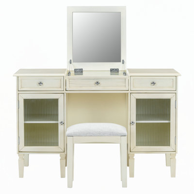 Meuble-lavabo 2 en 1 avec miroir rabattable, coiffeuse avec tiroir et armoire, bureau d'ordinateur multifonctionnel pour les routines d'étude et de beauté