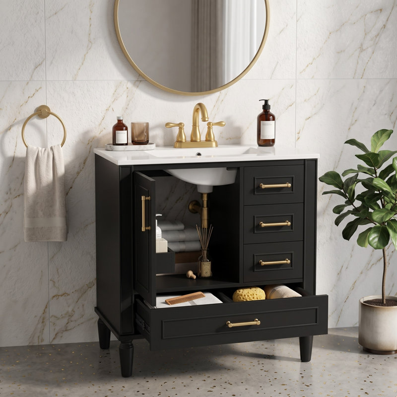 Meuble-lavabo autoportant de 91 cm de largeur avec tiroirs profonds et dessus en céramique, Noir