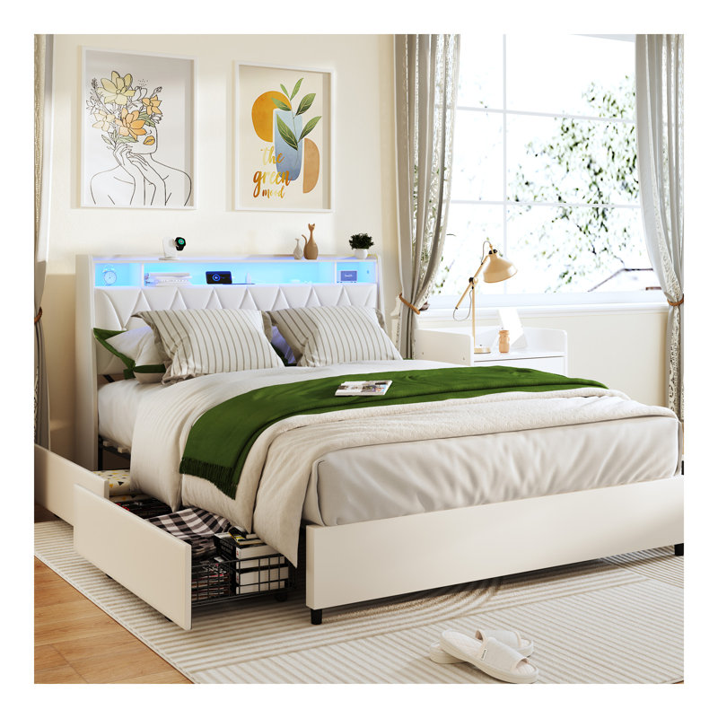 Cadre de lit double avec tête de lit ergonomique, cadre de lit plateforme double avec prises de courant DEL, cadre de lit en métal double avec tablette de rangement, silencieux, aucun sommier nécessaire