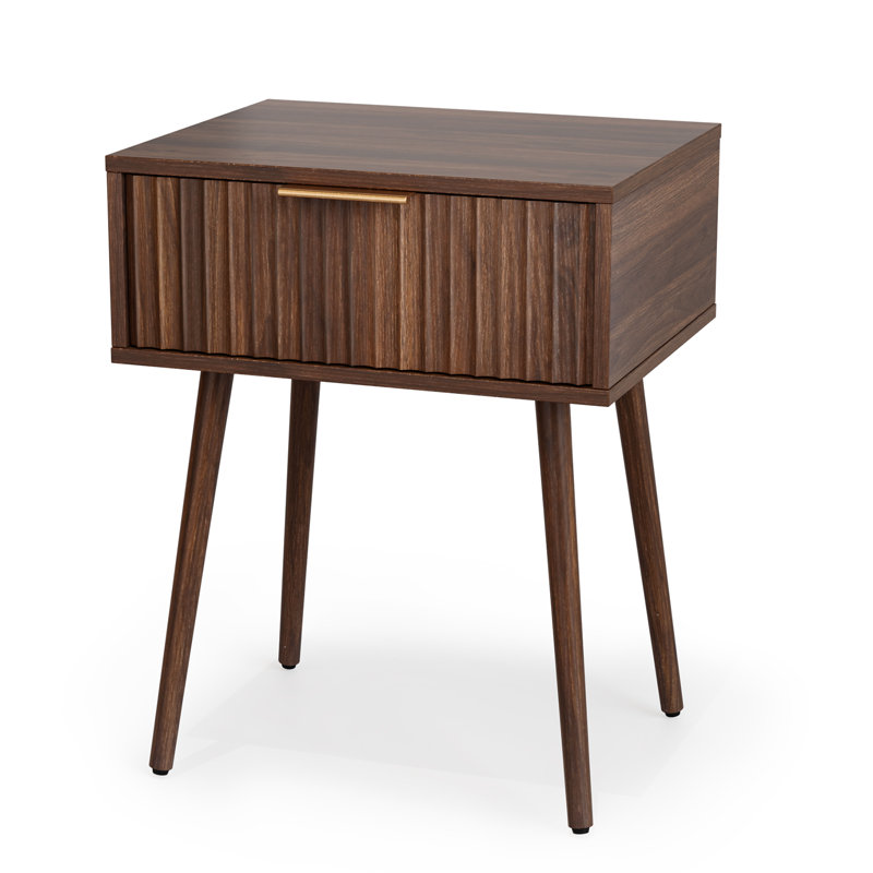 Table de chevet 18,9 po en noyer, panneau de particules et panneau de fibres à densité moyenne, mélamine et fabrication sous vide, 1 tiroir, pieds hauts