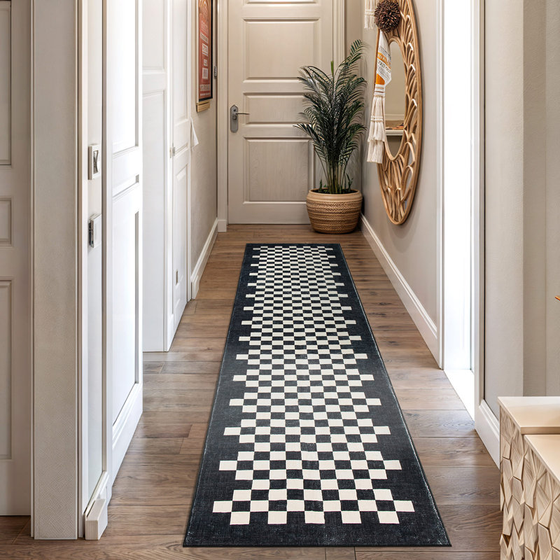 Contemporary Checkered Border Washable Non Slip Area Rug, Runner 2' x 10'