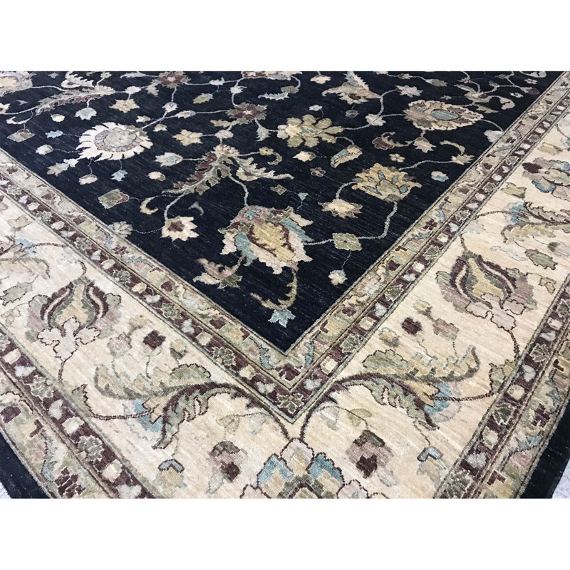Tapis beige et bleu noué à la main de haute qualité
