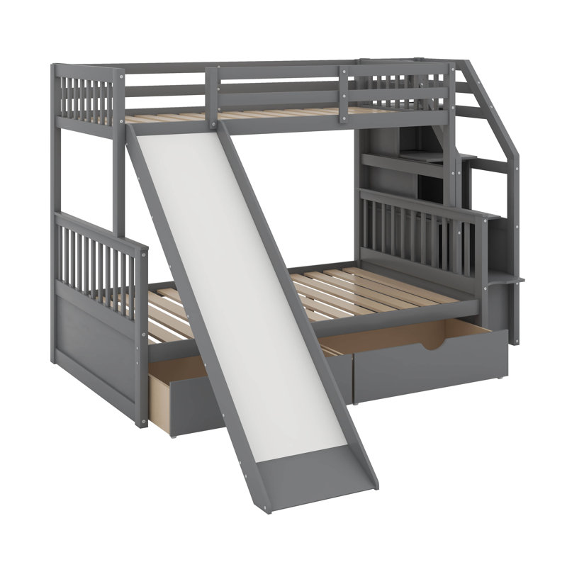 Twin Over Full Bunk Bed With Drawers, Gray