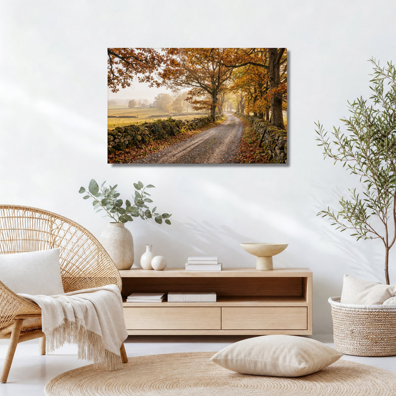 Tableau sur toile représentant une route de campagne d'automne avec des murs en pierre, H 16 po x l 24 po