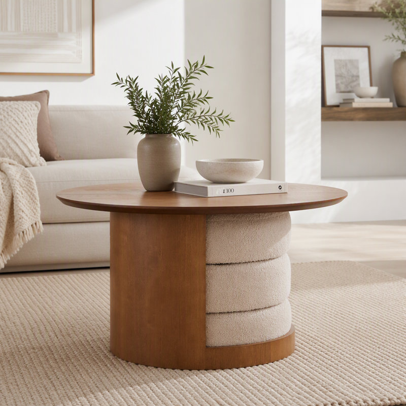 Table basse ronde en bois 31,5 "avec 3 tabourets gigognes en tissu Teddy, ensemble de table centrale multifonctionnel avec rangement caché Farmhouse