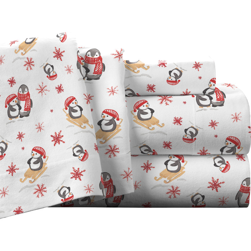 Snow Flakes Flannel Sheet Set, Queen, Penguin