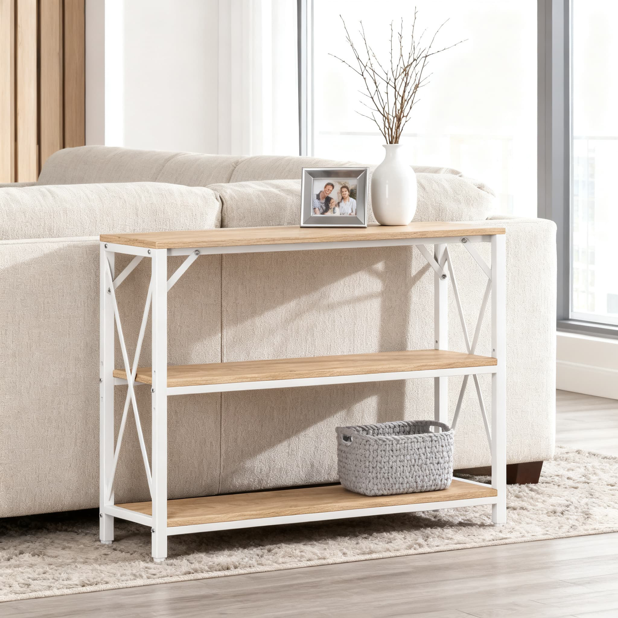 Multi Purpose Console Gracie Oaks Industrial 3-Tier Console Table With Storage Shelves, Multi ...